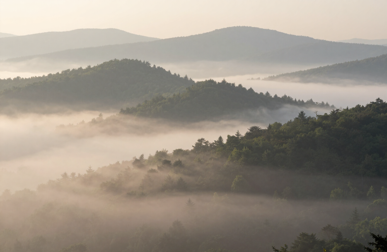 Misty morning valley in the Blue Ridge Mountains of Southwest Virginia near Whitetop, layers of fog over forested hills