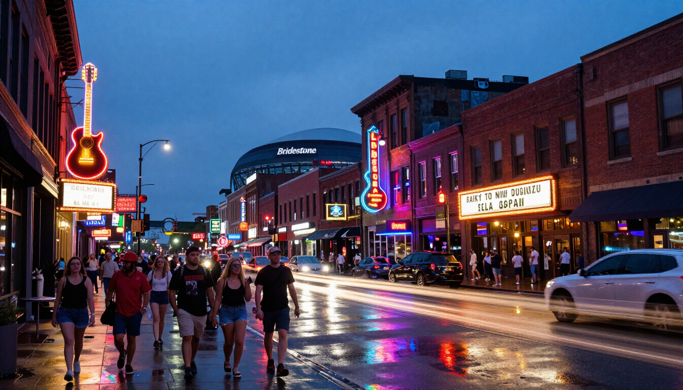 Lower Broadway in downtown Nashville at dusk with neon honky tonk signs and concert crowds walking toward Bridgestone Arena