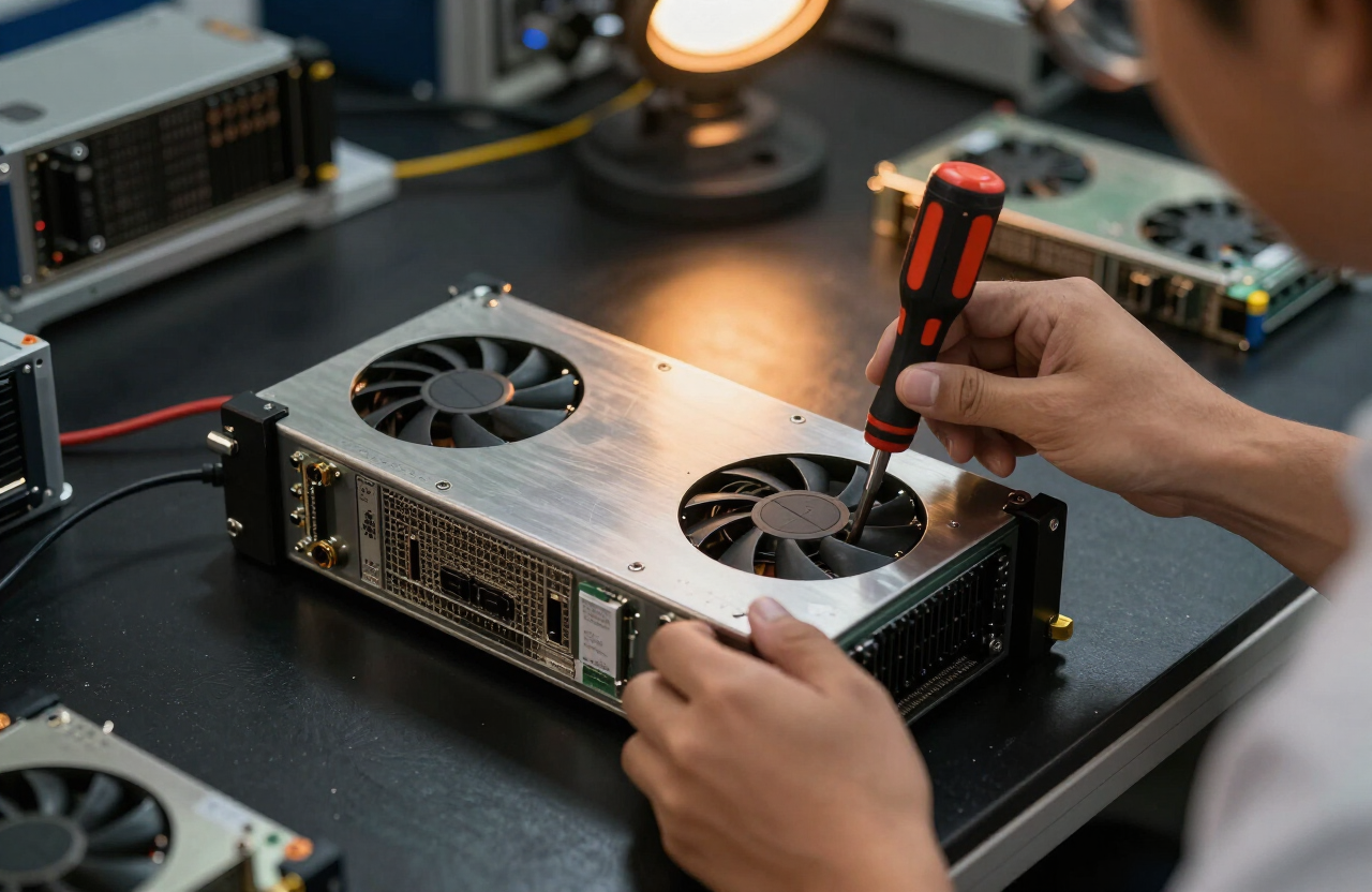 Technician assembling a ruggedized fanless industrial computer chassis on an ESD-safe workbench