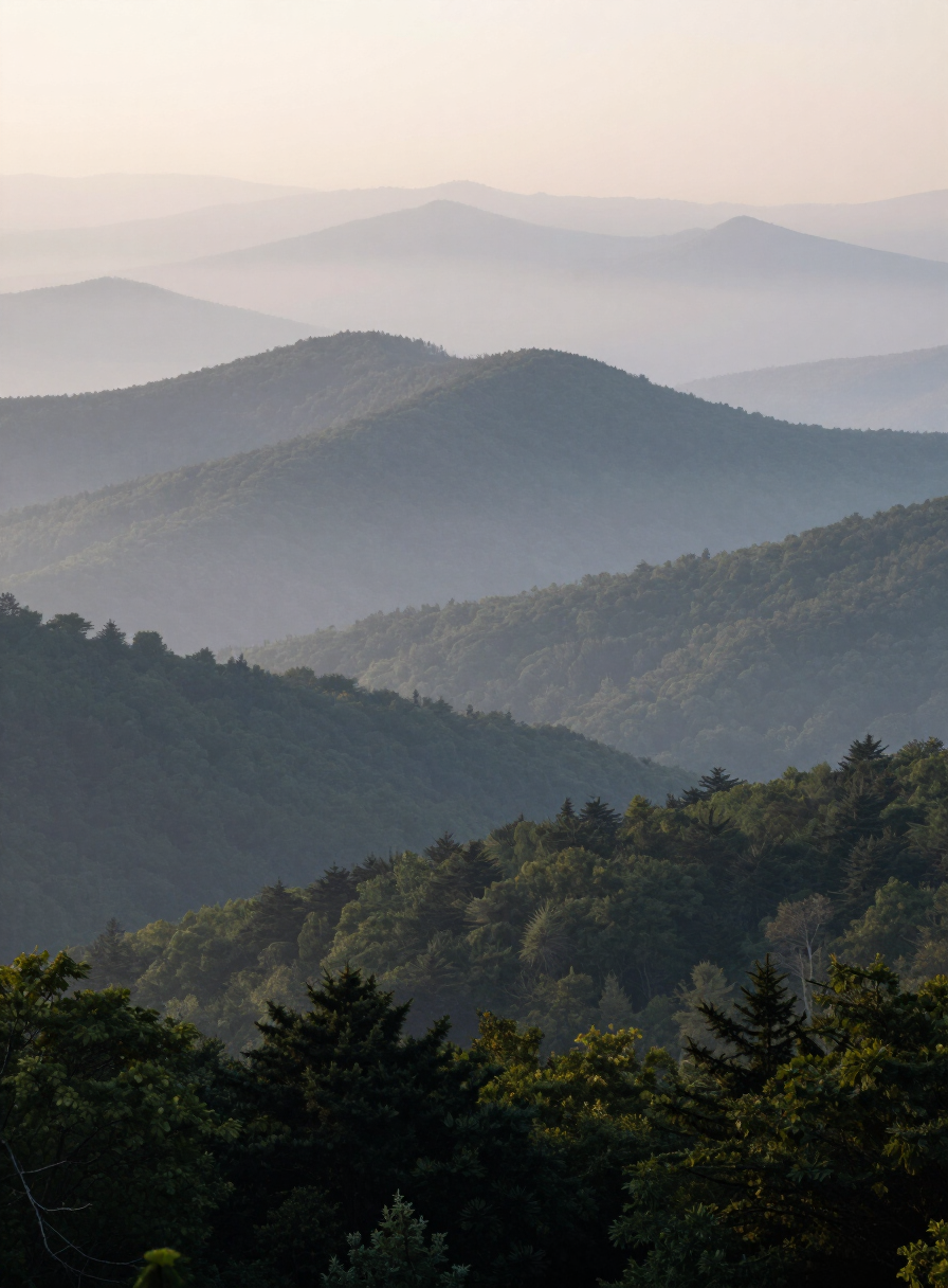 Misty Appalachian mountain landscape over Clintwood and Buchanan County, Southwest Virginia, forested ridges at dawn