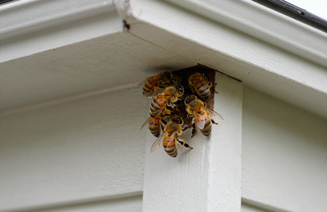 Close-up of honeybee activity around a residential structural opening in a Houston home exterior wall
