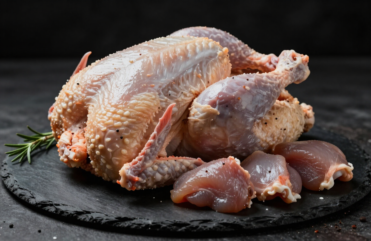 Presas de pollo y pavo crudos sobre pizarra oscura