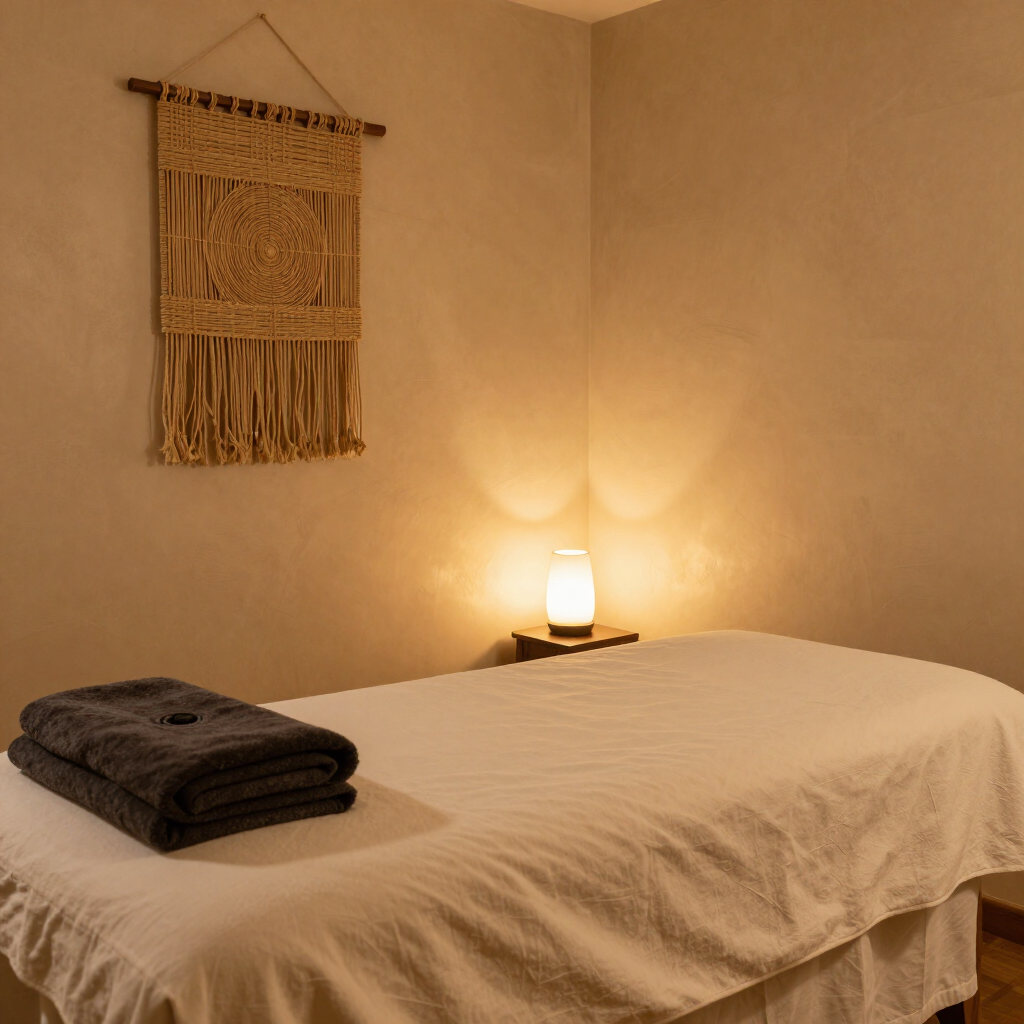 Private treatment room at Almira Spa with an ivory-dressed massage table and soft lamp light
