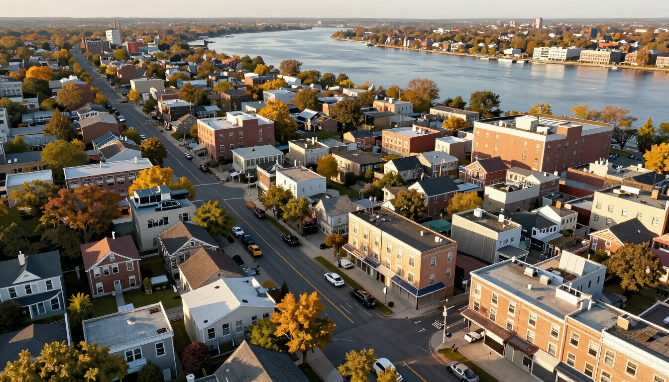 Illustrative aerial view of Hackensack NJ residential streets with older two-family homes, apartment buildings, and downtown Main Street commercial buildings at golden hour