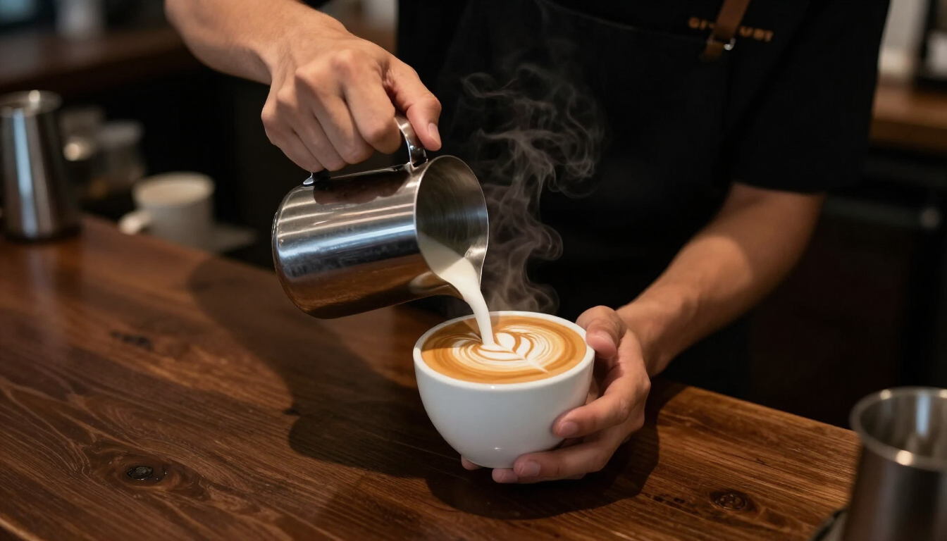 Barista menuang pola latte art di atas cangkir kopi