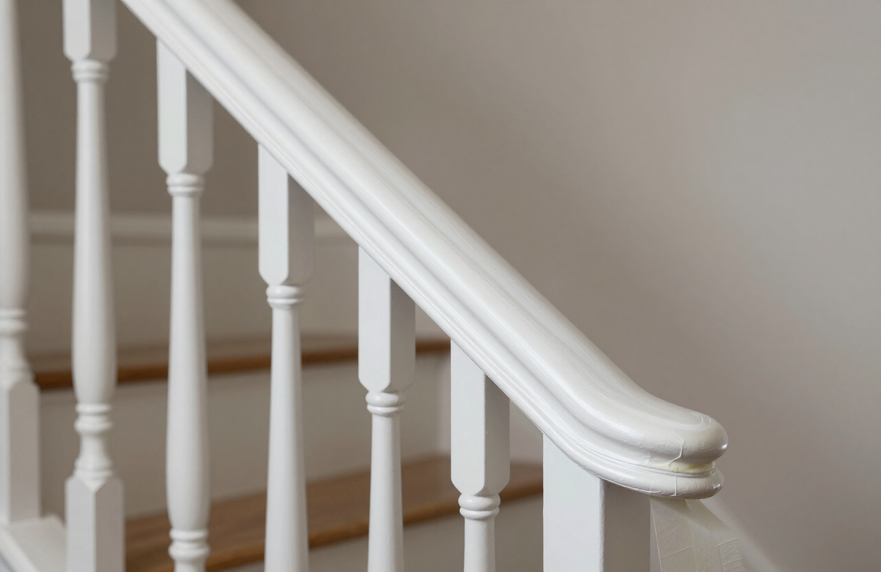 Townhouse stairwell handrail with protective masking tape and fresh paint cut line in Secaucus NJ