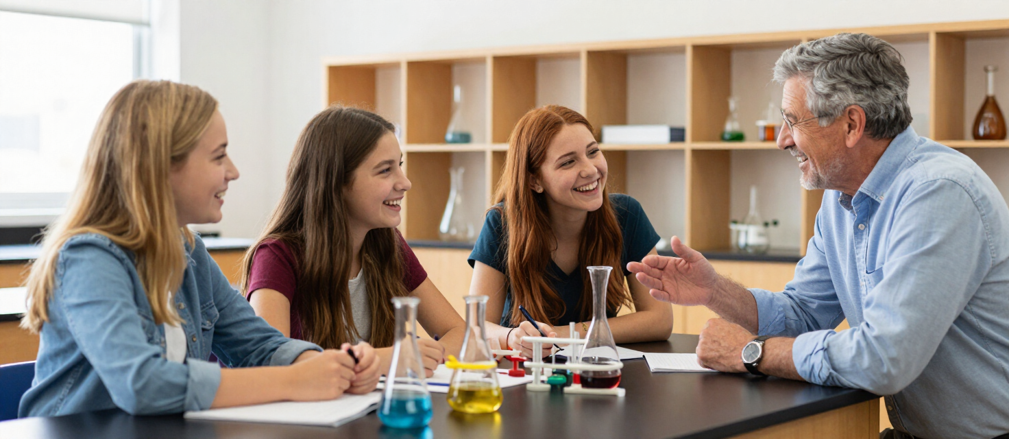 Students and mentor collaborating in a science classroom