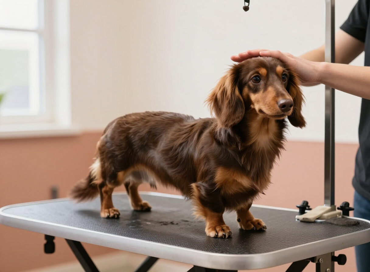 A long-haired Dachshund being gently brushed on a grooming table