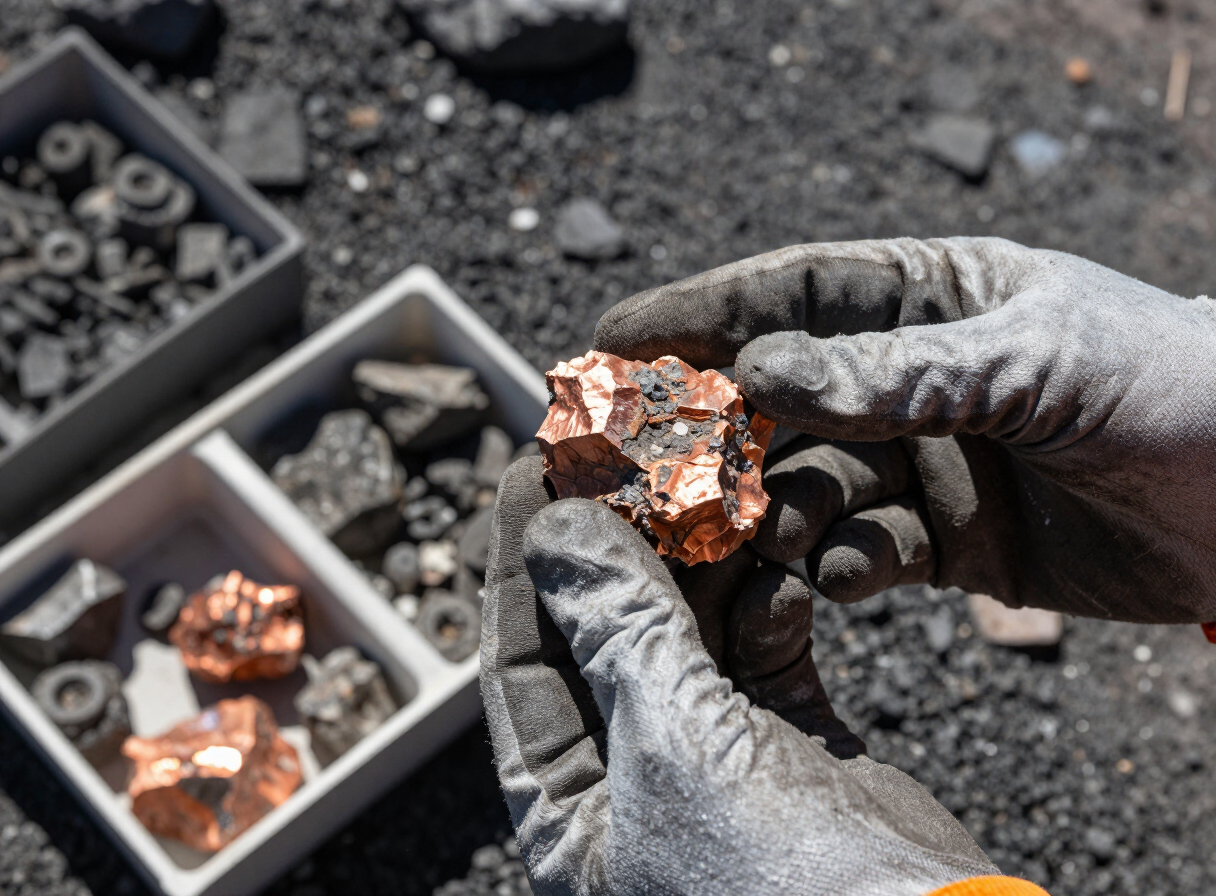 Geologist examining a mineral-bearing core sample in the field