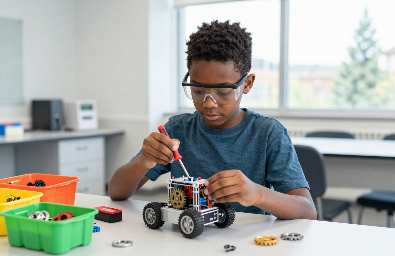 A boy assembling a small wheeled robot with gears and a battery pack