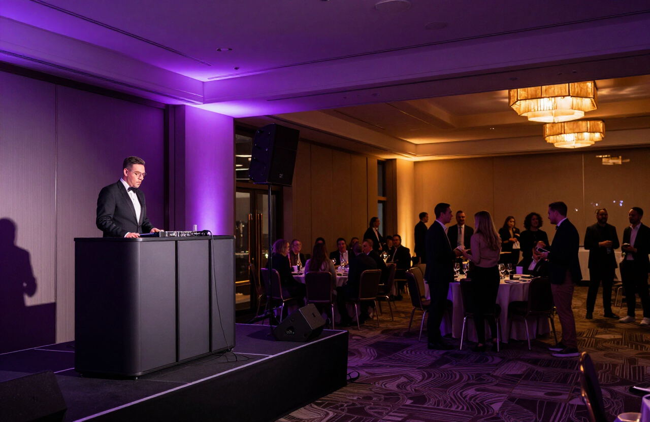 Corporate gala in a downtown Vancouver ballroom with a DJ on stage