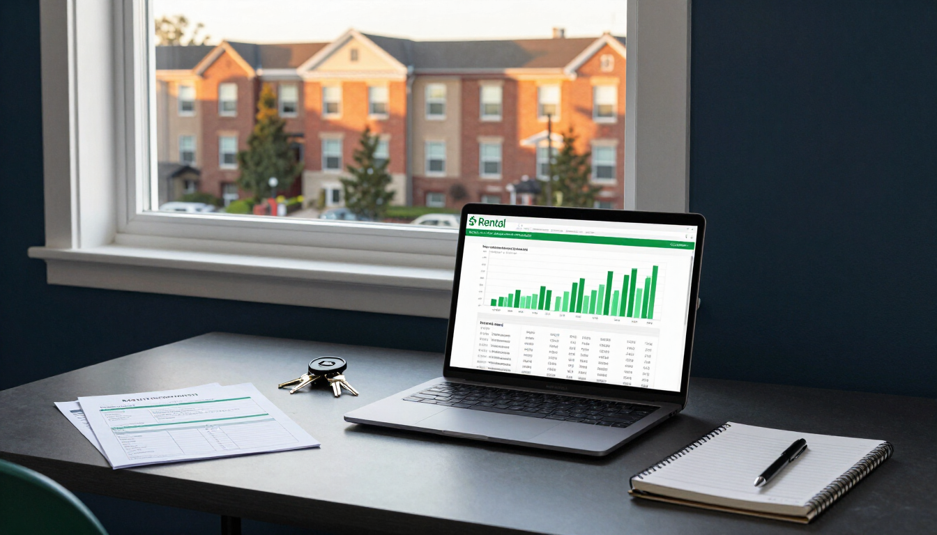 Rental property financial dashboard and expense spreadsheet on a desk with brick residential rentals visible through the window