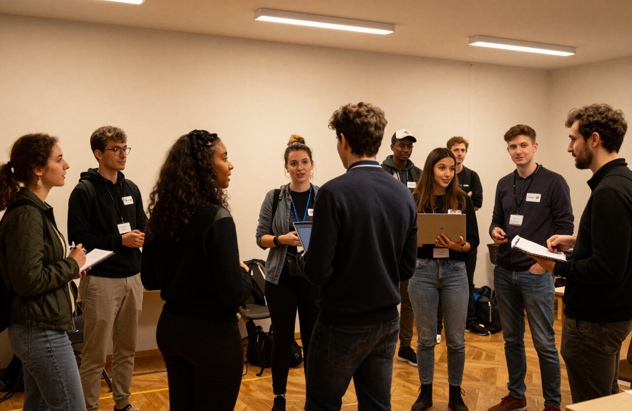 Rencontres étudiants ↔ professionnels dans une salle louée par le programme — le cœur du networking en présentiel.
