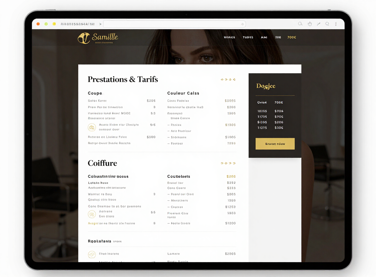 Page prestations et tarifs du salon sur ordinateur