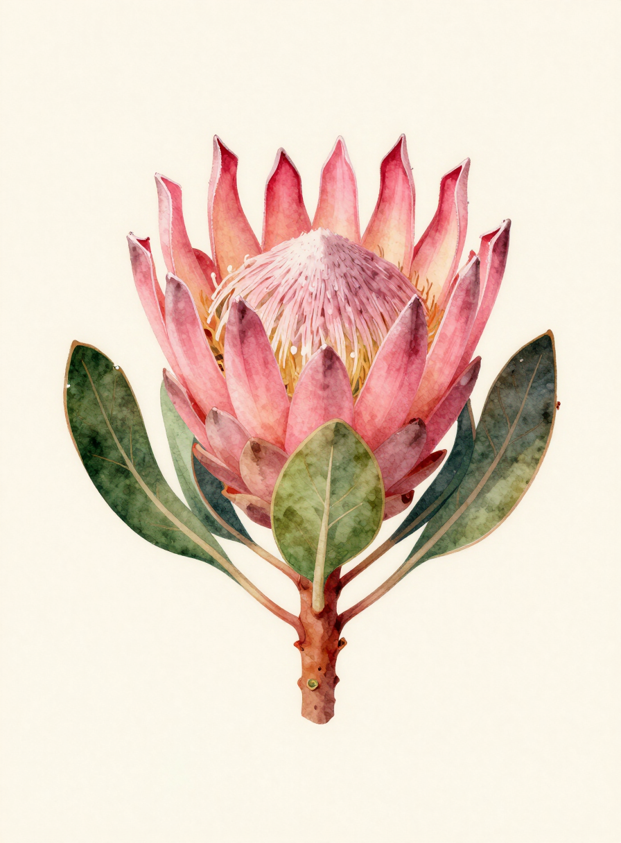Watercolor painting of a pink Protea
