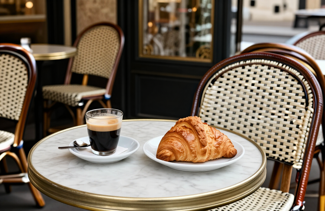 Parisian café table with espresso and a croissant on marble, bistro chairs in soft morning light