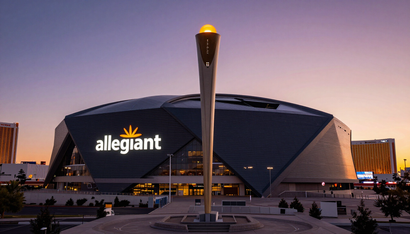 Exterior view of Allegiant Stadium in Las Vegas at dusk with Strip resorts in the background.