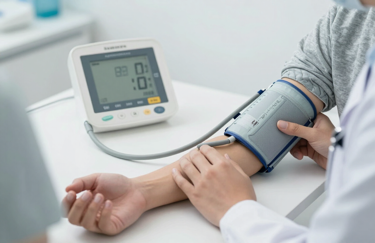 A blood pressure cuff and digital monitor measuring a patient's arm, taken by a clinician in a modern, bright clinic room.