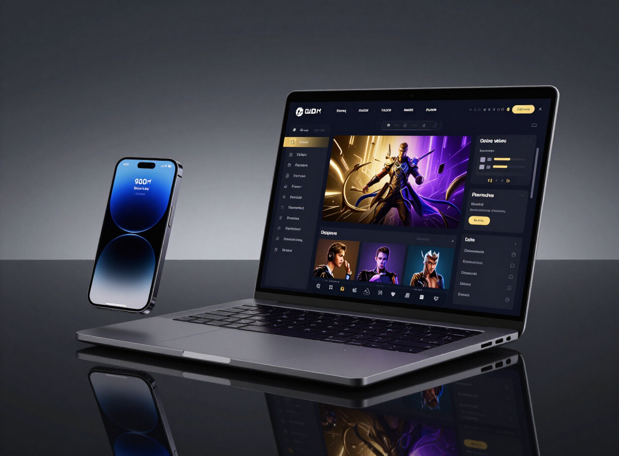 ROYAL123 online gaming platform shown on a laptop and smartphone with a dark gold and purple interface
