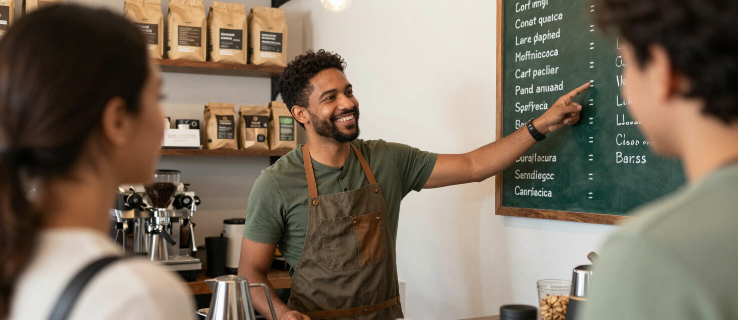Barista explicando cafés especiais ao cliente no Orube Coffee