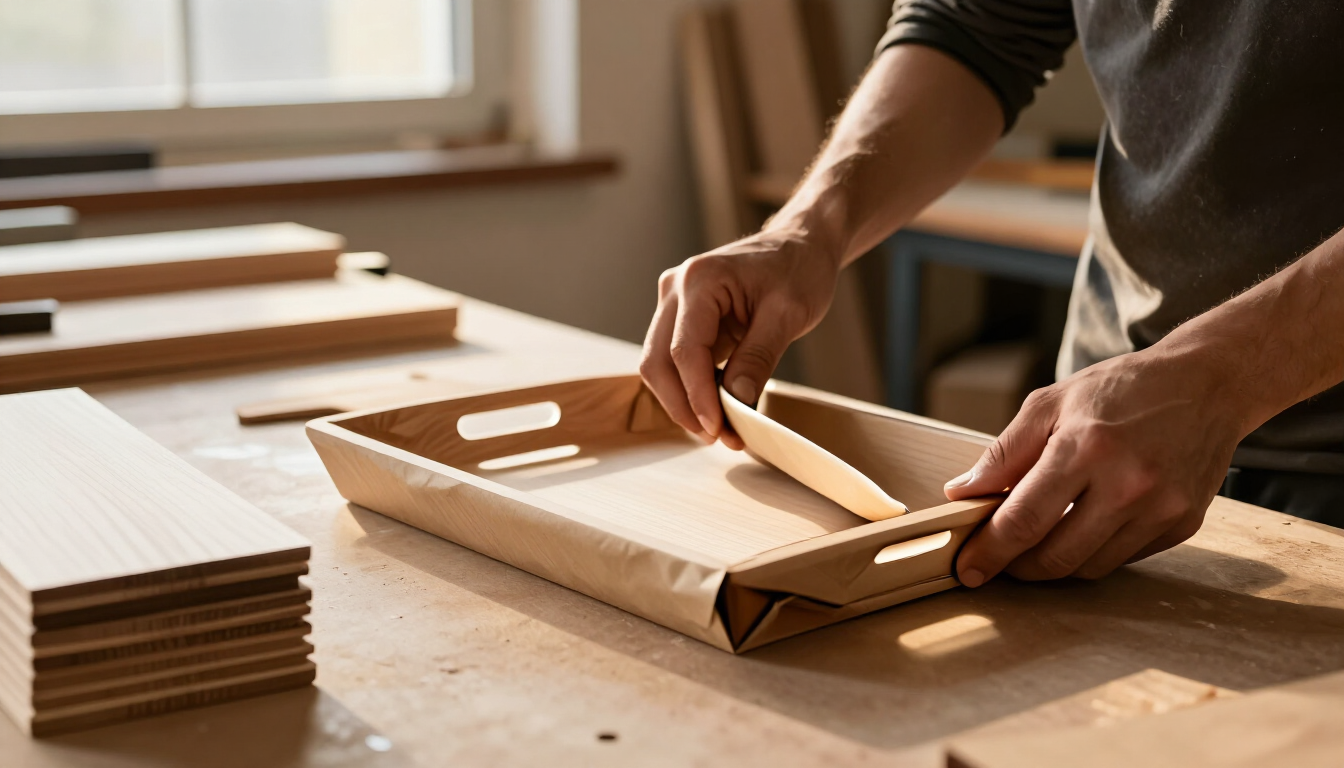 A woodworker’s hands wrapping a finished handmade wooden serving tray in kraft paper on a workshop bench, finished wooden products stacked nearby, warm golden hour light