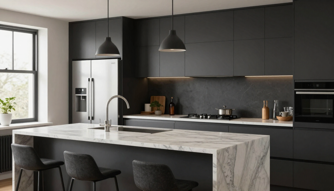 Dark Steel & Quartzite — Contemporary kitchen detail view 2, custom cabinetry by HS Kitchens Studio, Edinburgh New York