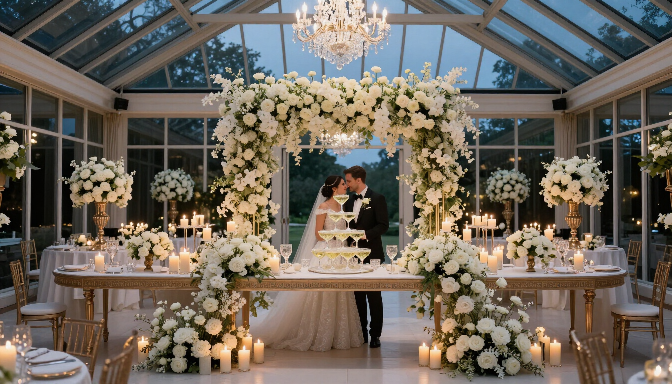 Opulent wedding reception in a grand orangery with cascading white florals and candlelight