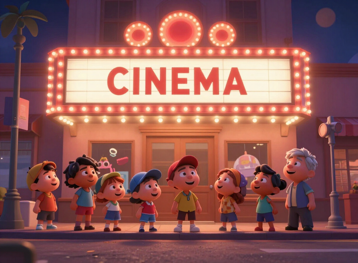 Cartoon cinema marquee glowing at night for a film premiere