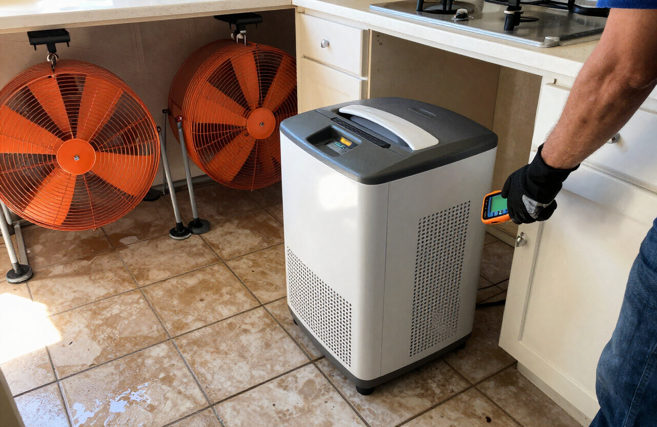 Industrial drying equipment in a water-damaged kitchen
