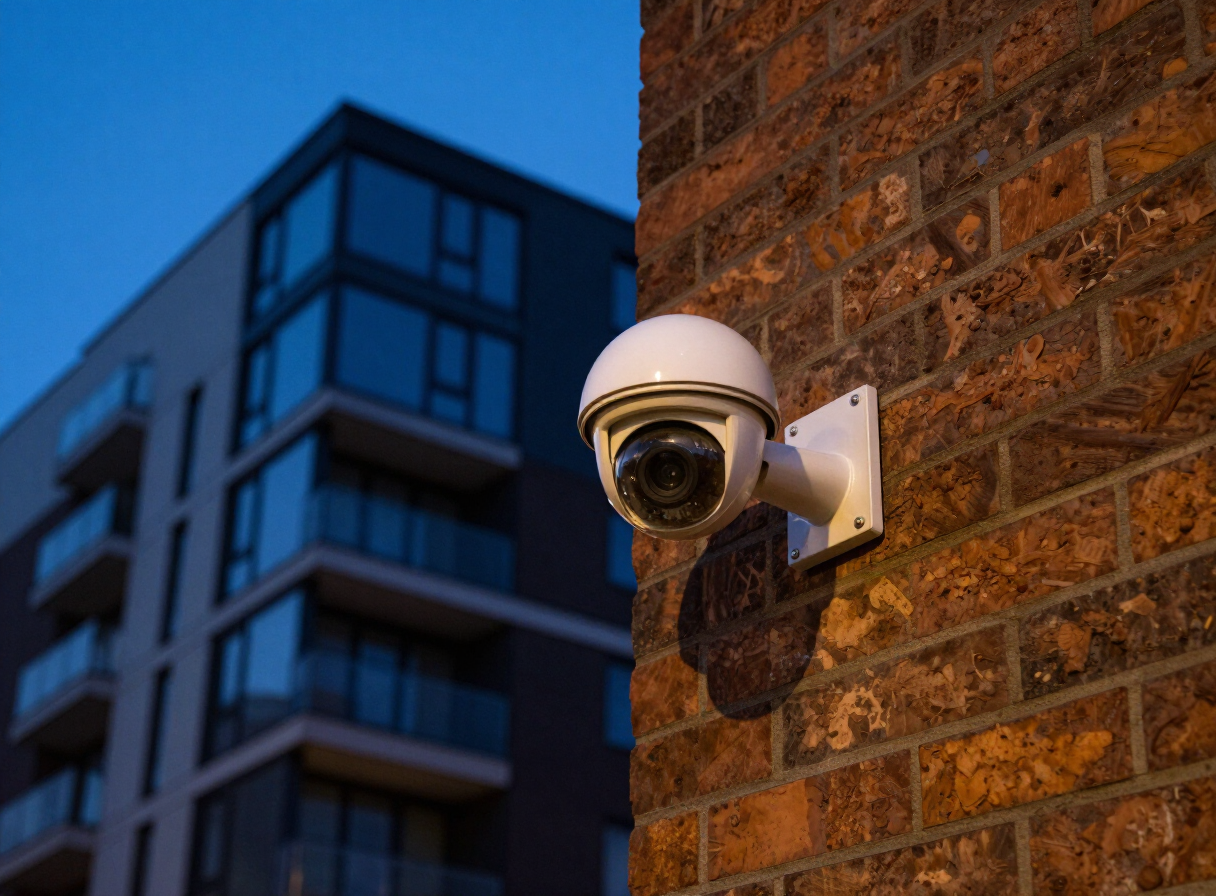 CCTV camera mounted on the exterior of an apartment building