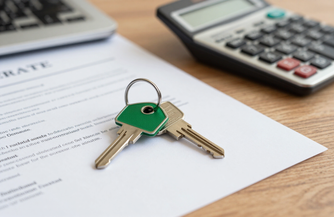 A house key with a green leaf keychain resting on real estate paperwork