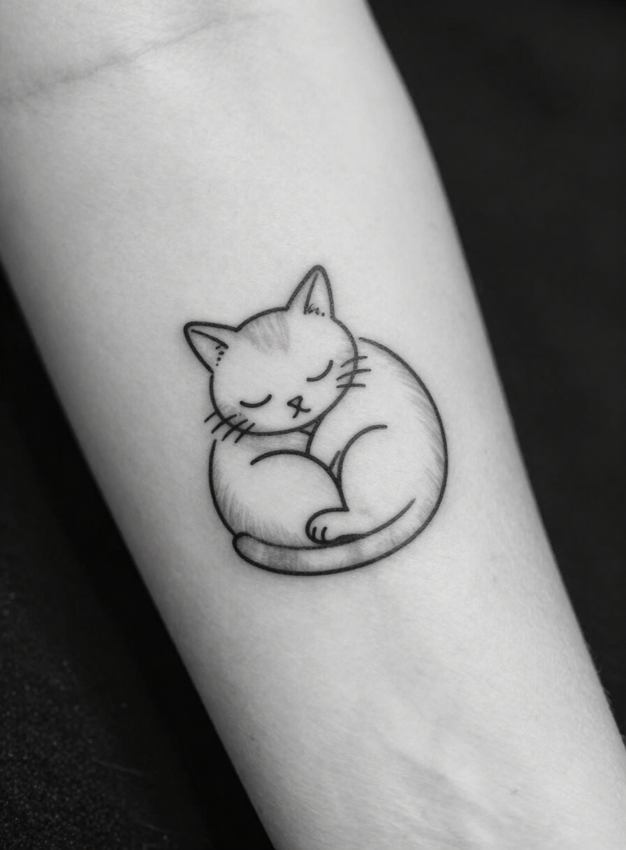 Minimalist sleeping cat tattoo on a woman’s forearm