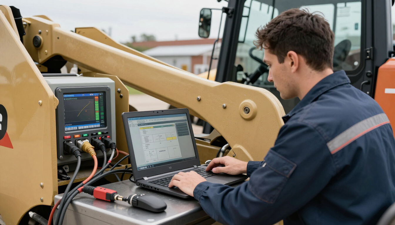 Diesel mechanic running professional diagnostic software on a laptop connected to heavy equipment