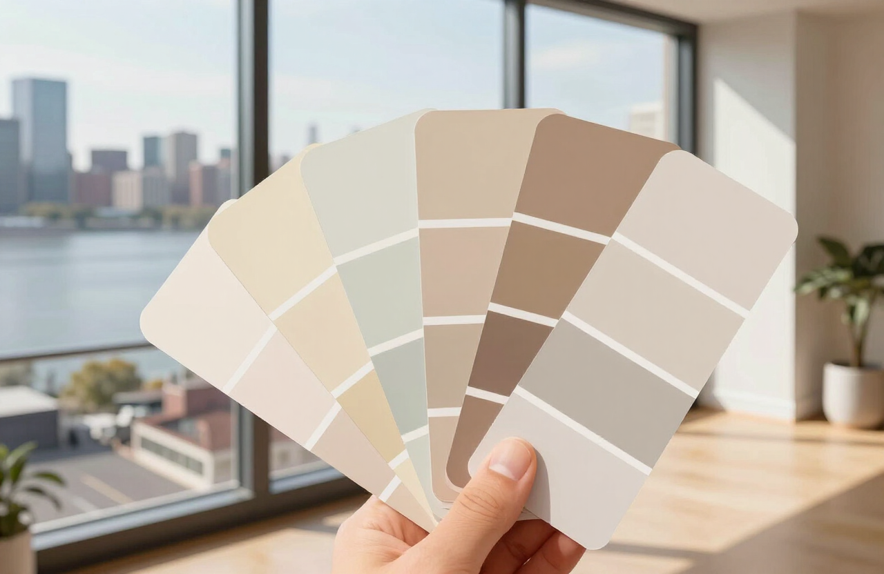 Illustrative paint color swatch samples near a floor-to-ceiling window in a Fort Lee NJ high-rise with Hudson River daylight