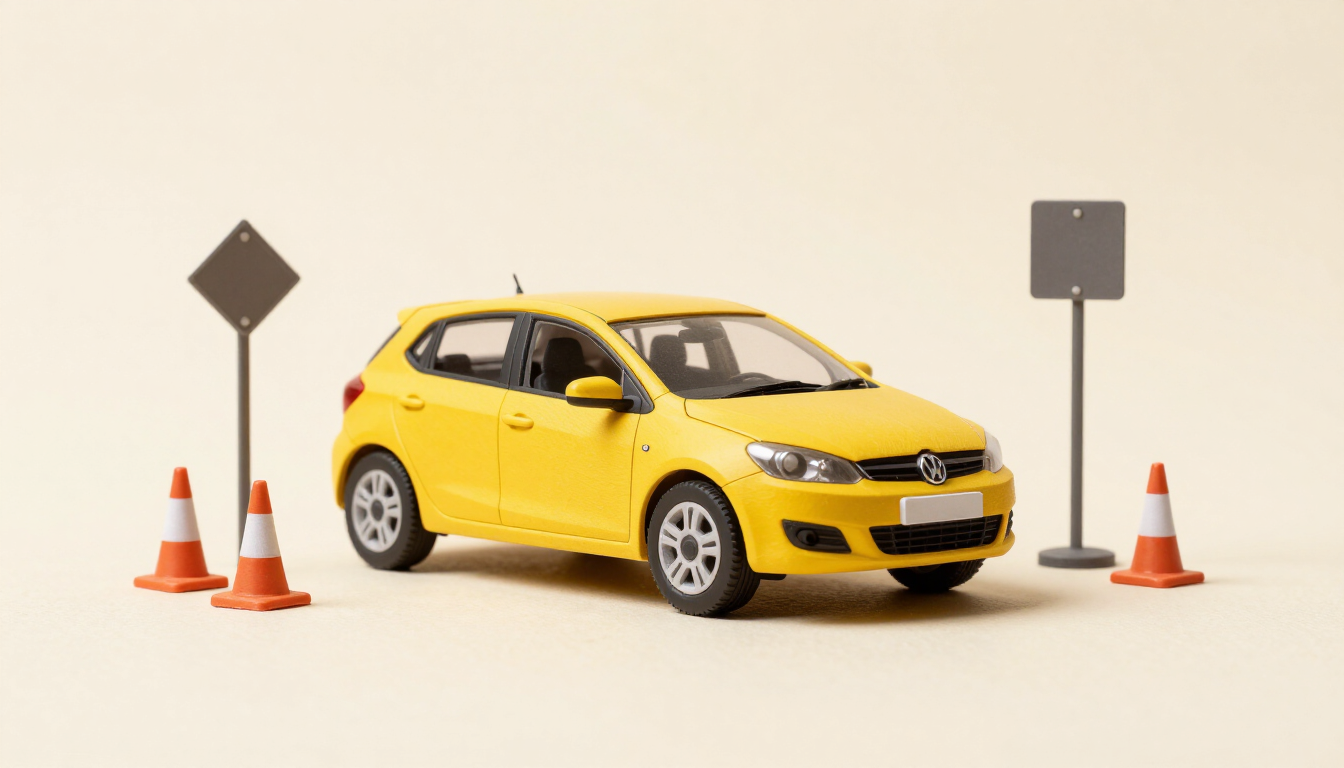 Yellow hatchback with traffic cones and a road sign