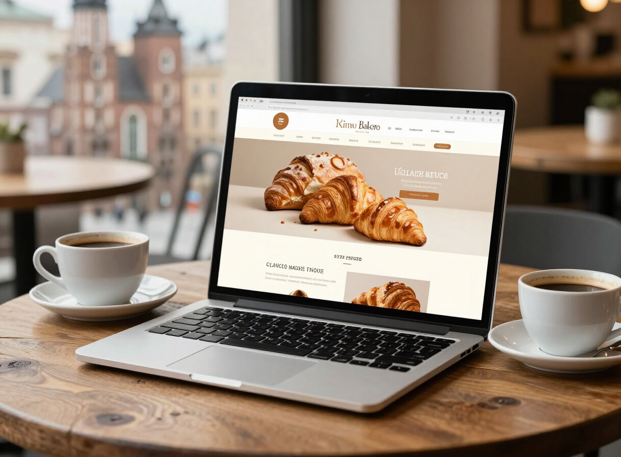 Strona internetowa piekarni wyświetlona na laptopie na stole kawiarni