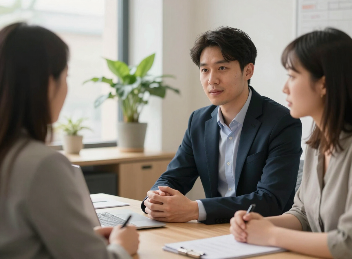 A focused coaching conversation across a desk in a bright room