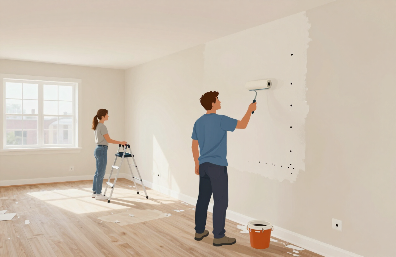 Illustrative apartment turnover painting scene in a Little Ferry NJ garden apartment unit with a painter patching drywall and rolling a fresh neutral coat