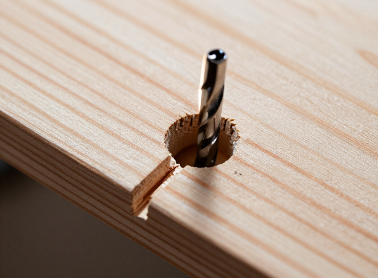 Extreme close-up of a single pocket hole drilled at an angle into the edge of a pine board, showing the recessed counterbore and angled guide path