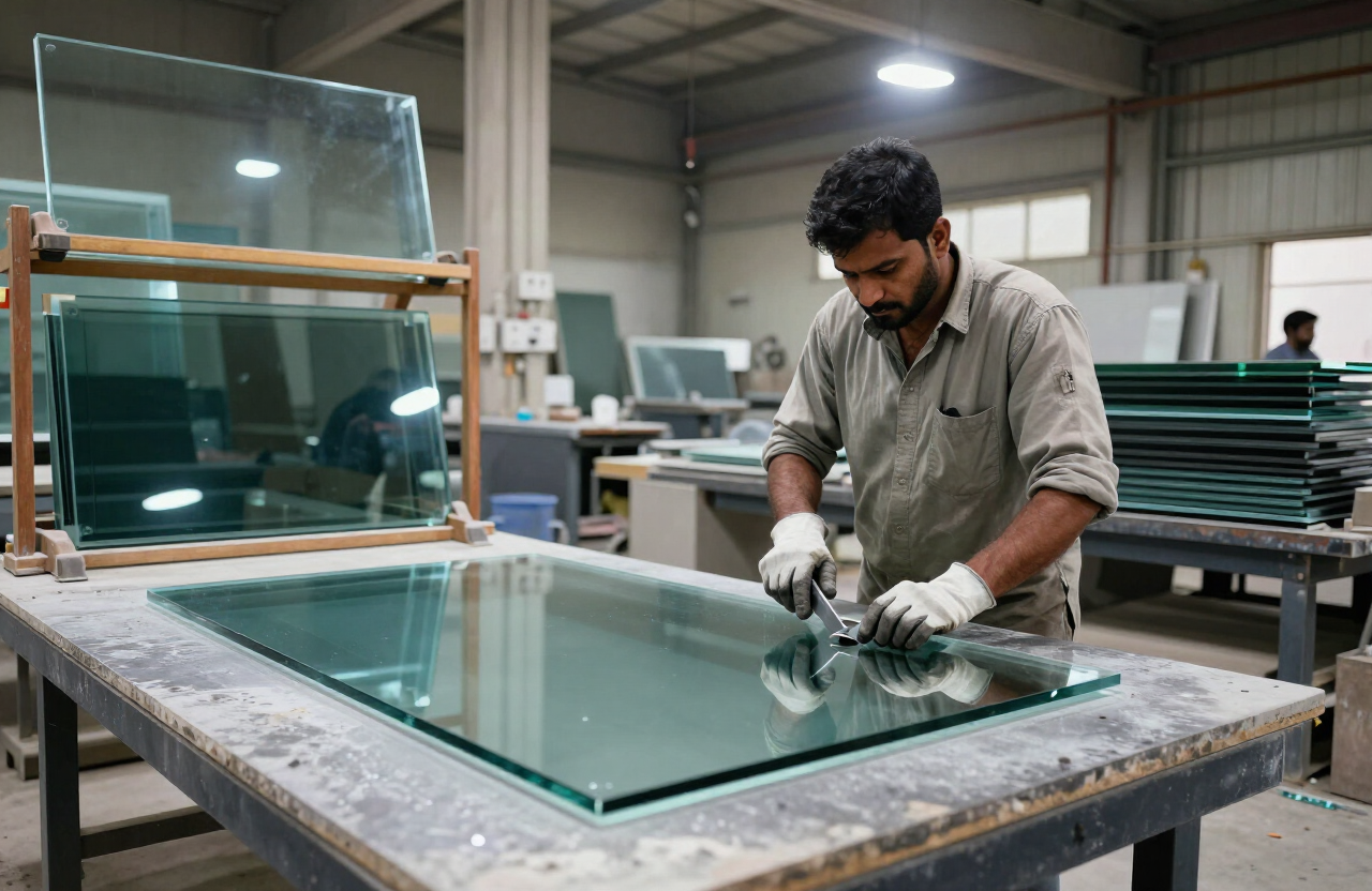Glass fabrication at the MS Glass workshop in Township, Lahore