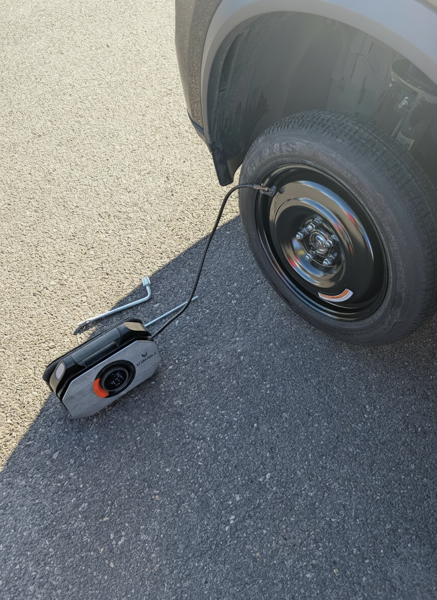 Portable air compressor inflating a spare tire on a vehicle roadside