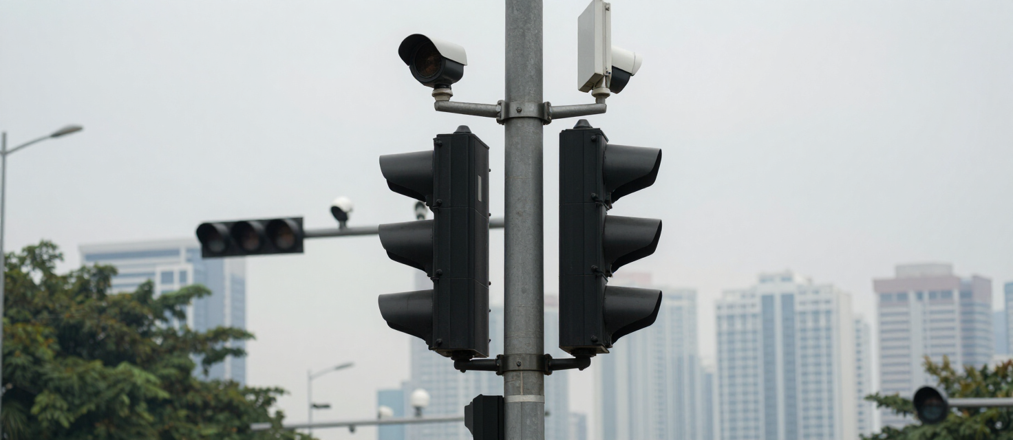 Smart pole with traffic cameras and a rugged outdoor edge computer enclosure at a Kuala Lumpur intersection