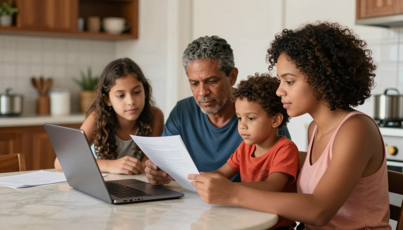 Família reunida à mesa revisando documentos com um notebook durante atendimento online