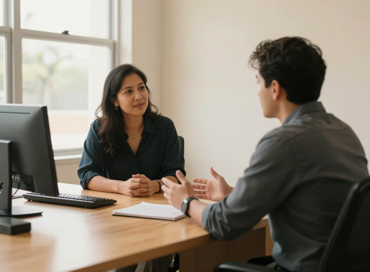 Two professionals in conversation across a desk in a sunlit office