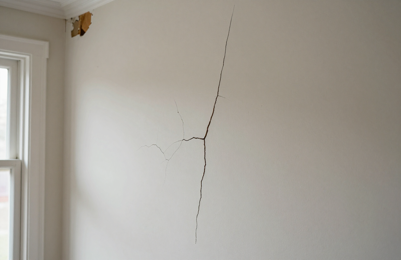 Older East Rutherford home wall with settling cracks and plaster damage before repair