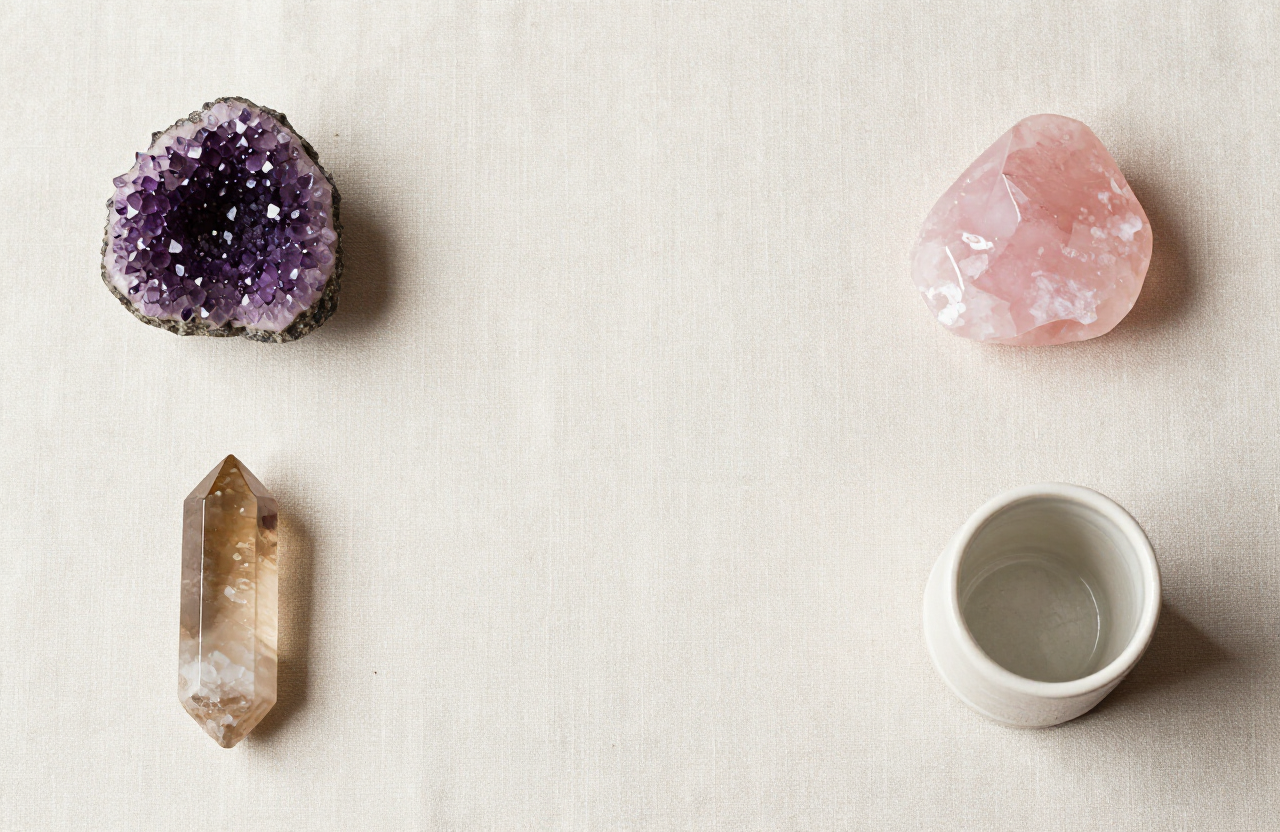 Selección de minerales naturales y una pieza de cerámica artesanal sobre tela color crema