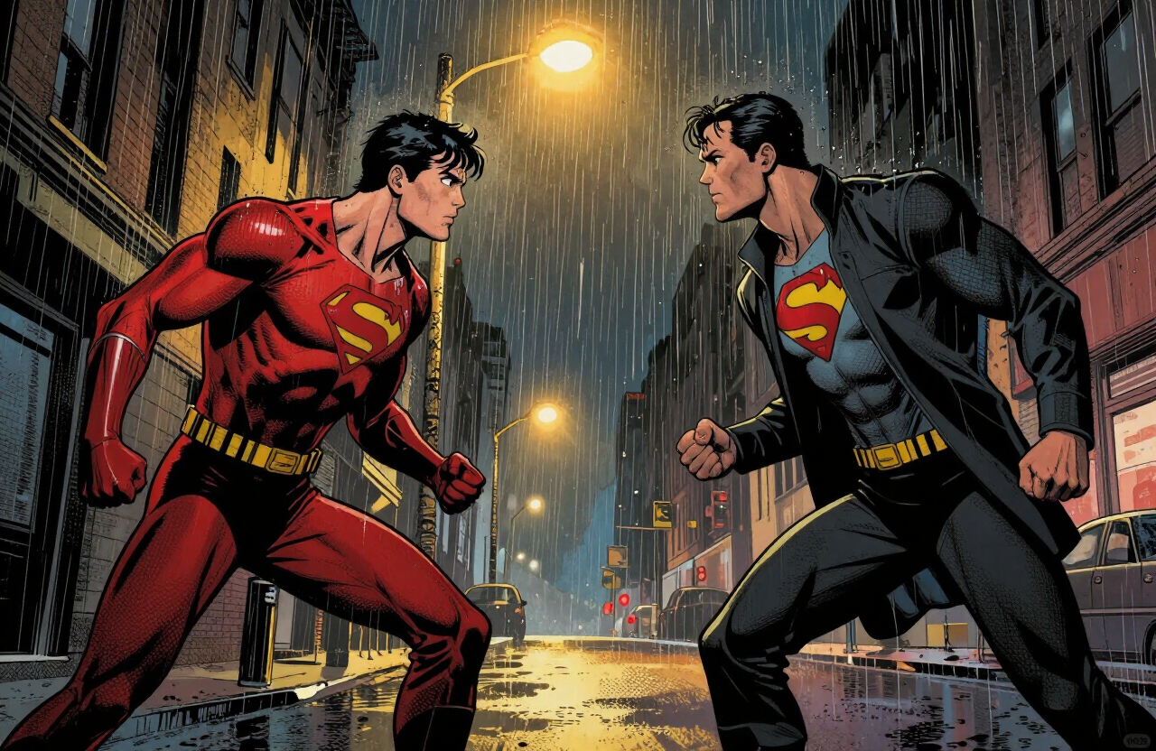 Illustration of two generic superheroes facing each other on a rainy street
