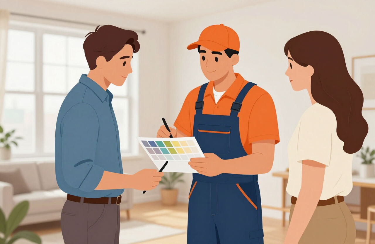 Illustrative painting contractor reviewing a color plan with a homeowner in a Hoboken apartment