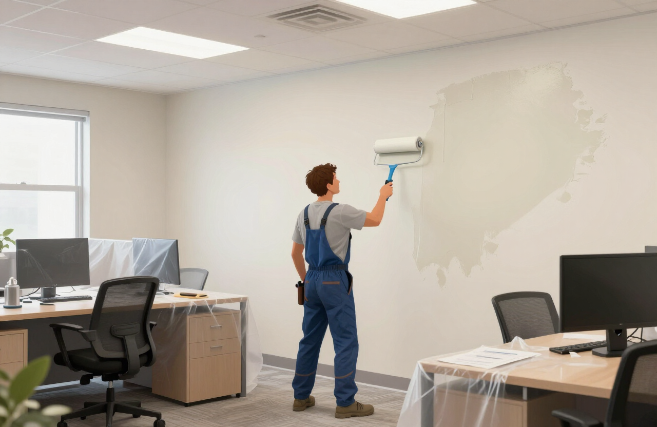Illustrative commercial office interior painting scene in Lyndhurst NJ with a painter rolling a fresh coat of durable low-odor paint on an office wall