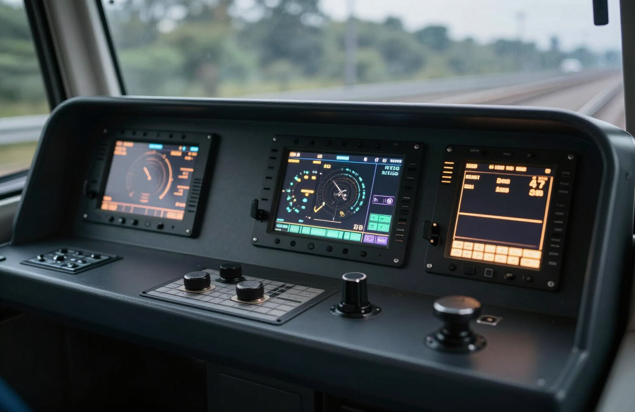 Train driver’s cabin with rugged touchscreen panel computers and control consoles